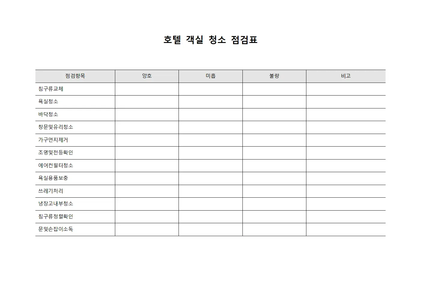 호텔 객실 청소 점검표 문서양식