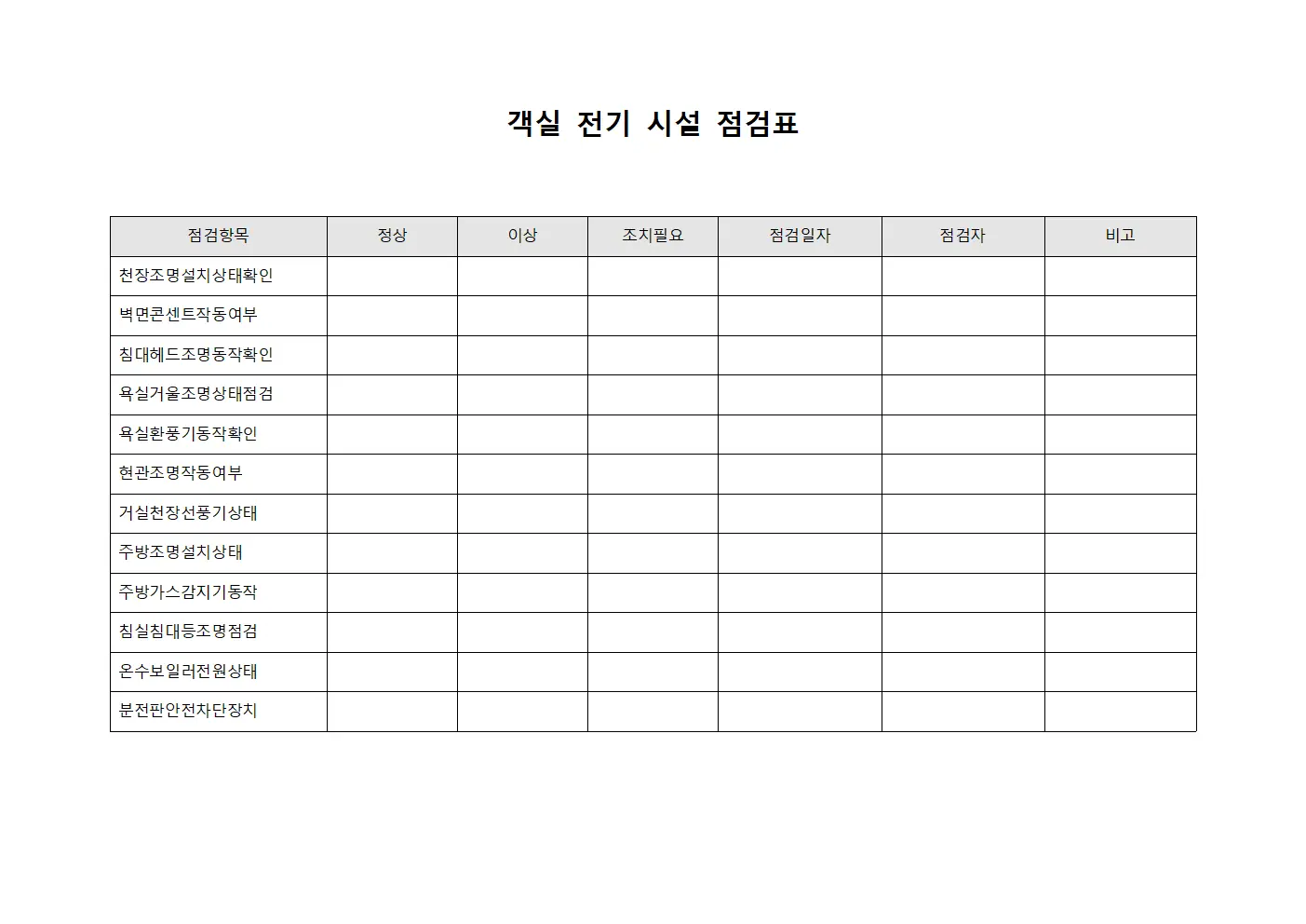객실 전기 시설 점검표