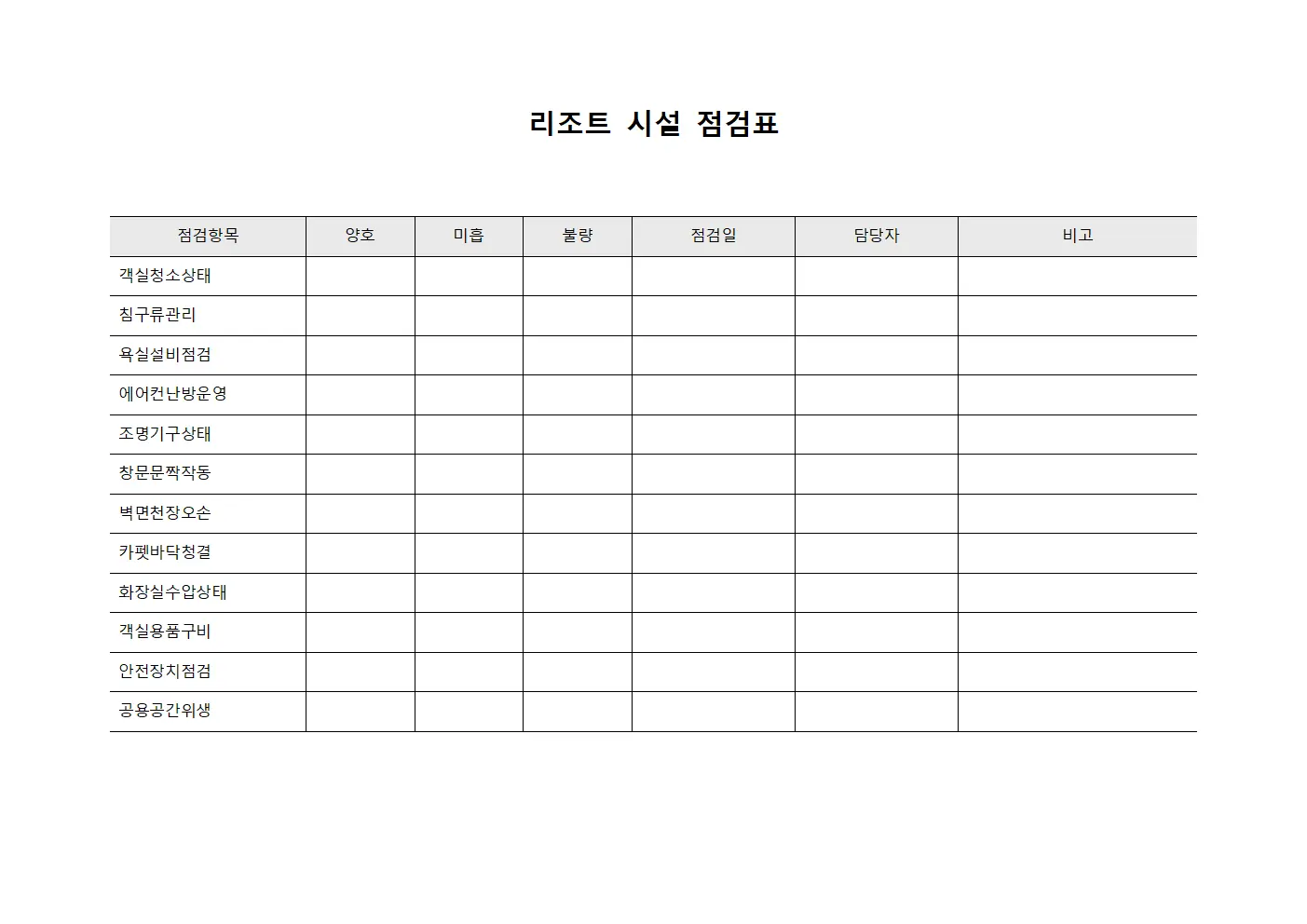 리조트 시설 점검표 양식파일
