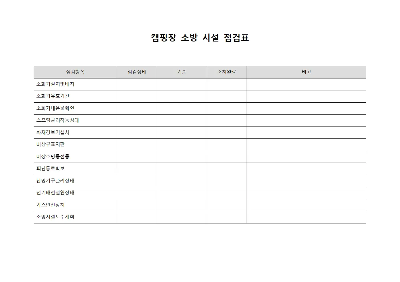 캠핑장 소방 시설 점검표