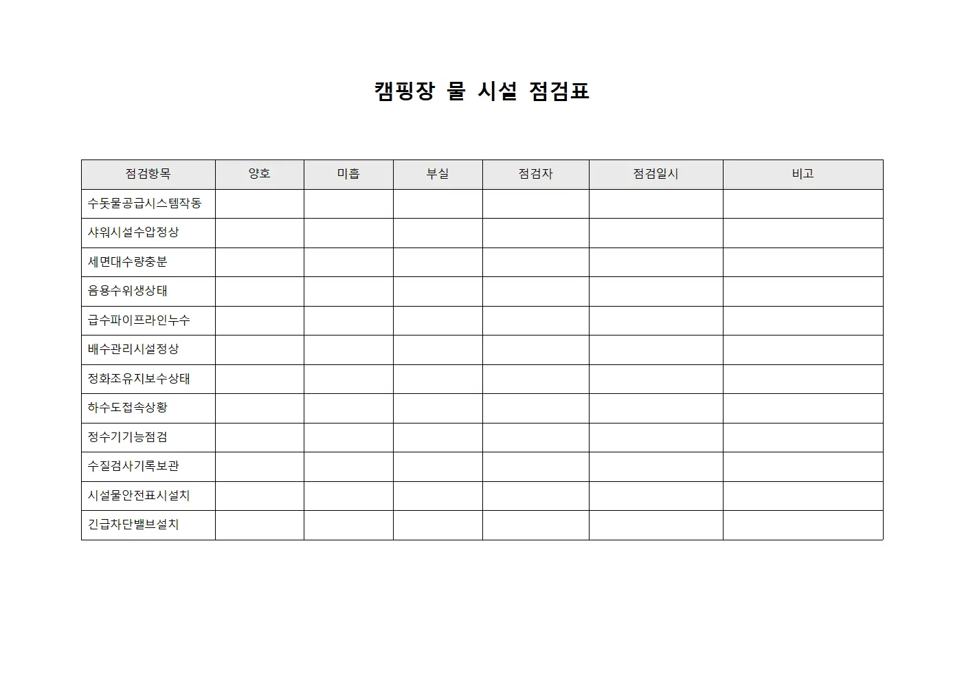 캠핑장 물 시설 점검표 양식.서식
