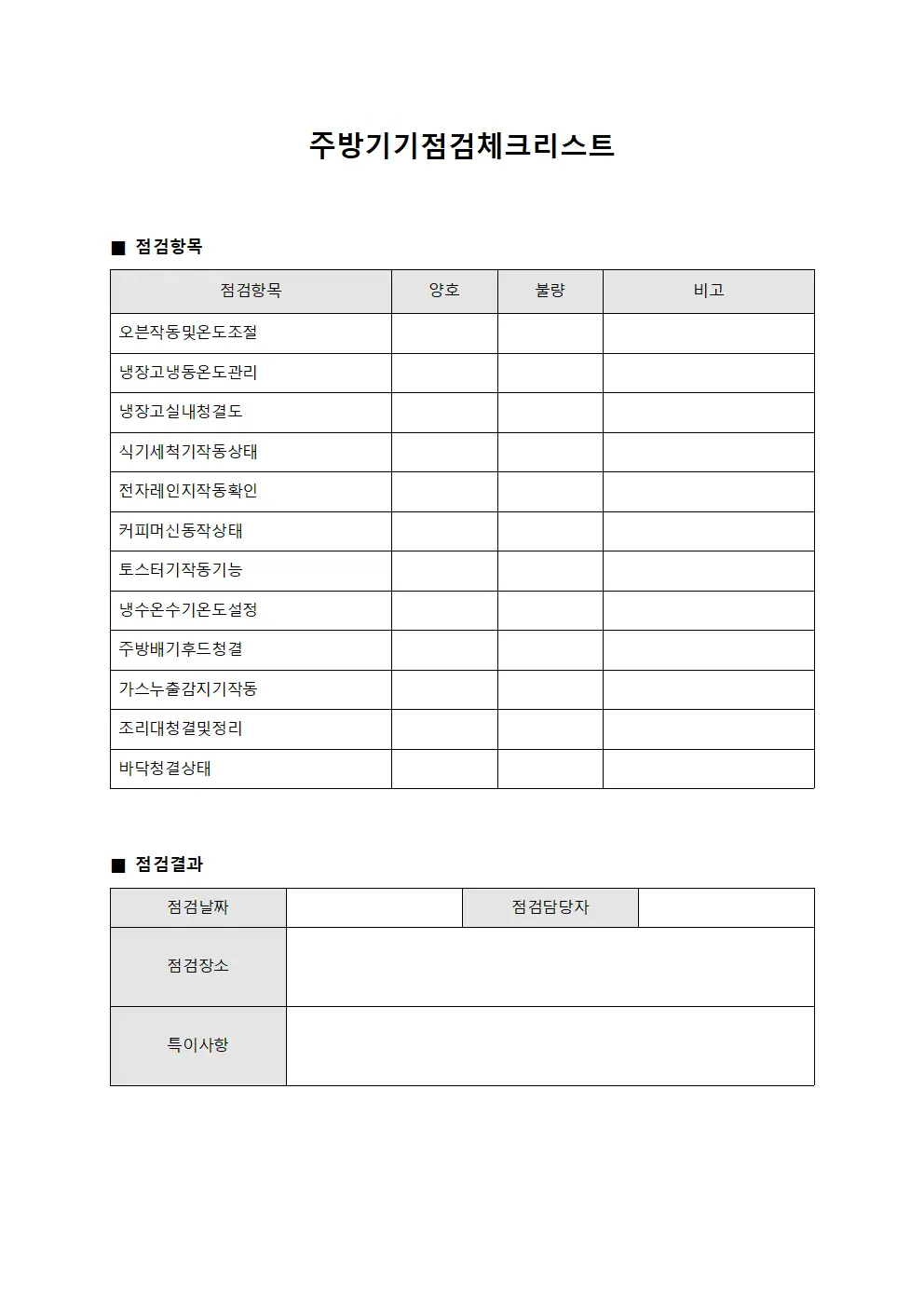 주방기기점검체크리스트