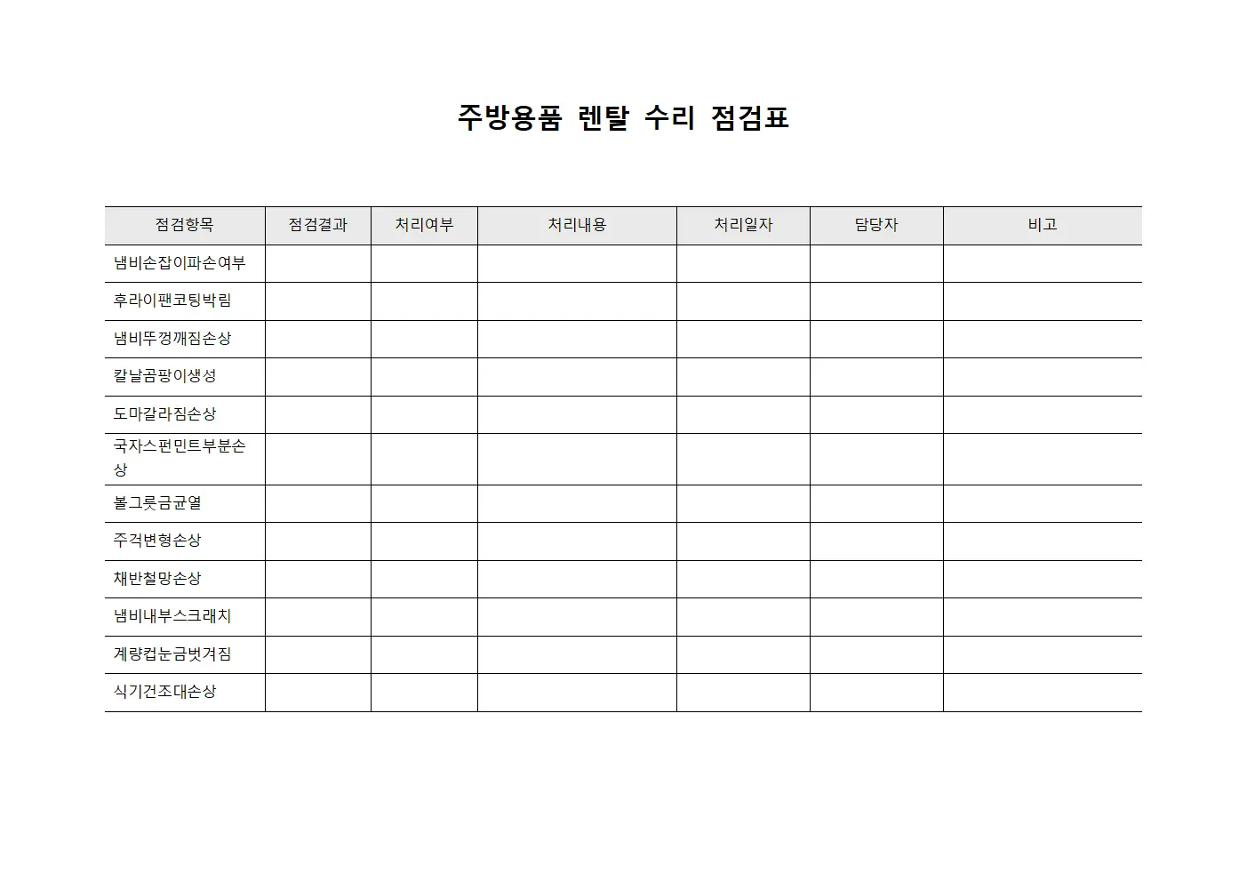 주방용품 렌탈 수리 점검표 문서.양식