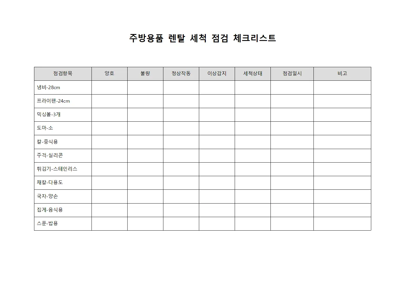 주방용품 렌탈 세척 점검 체크리스트 문서.서식