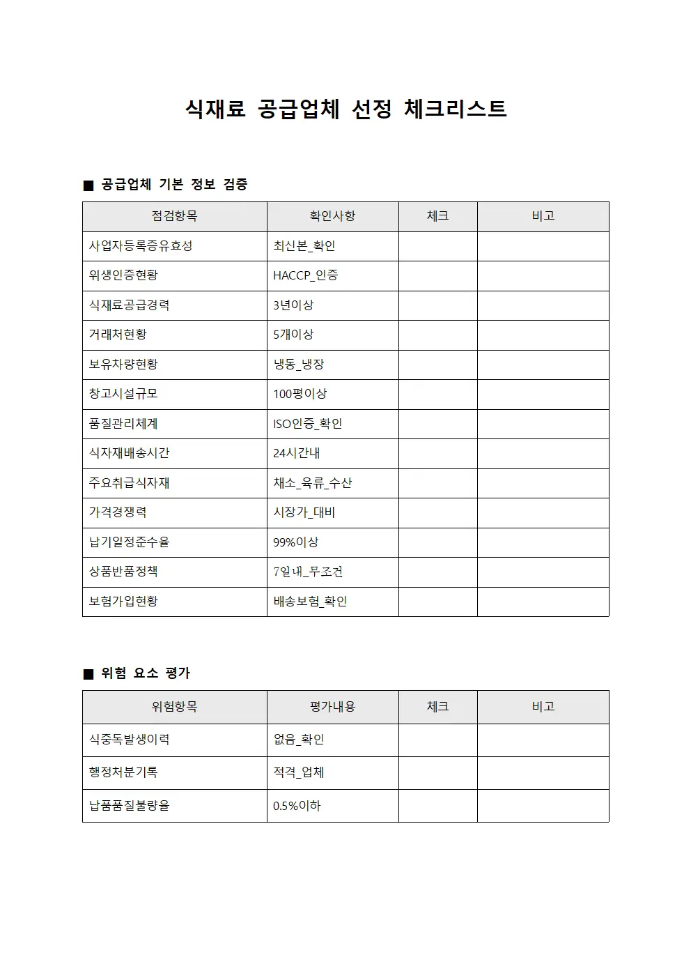 식재료 공급업체 선정 체크리스트 문서.양식