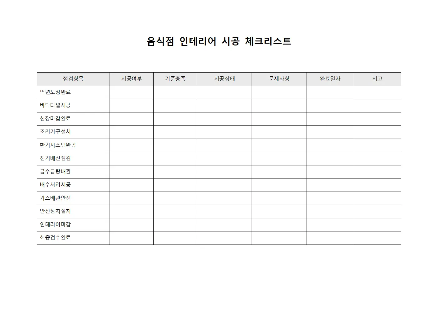 음식점 인테리어 시공 체크리스트 문서.양식