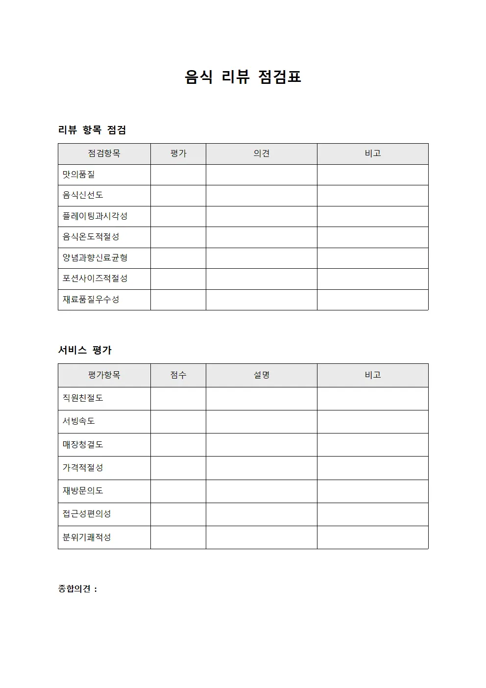 음식 리뷰 점검표