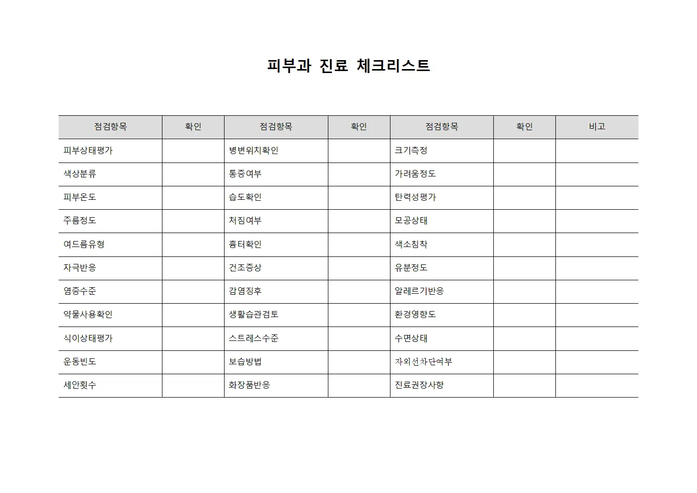 피부과 진료 체크리스트 양식