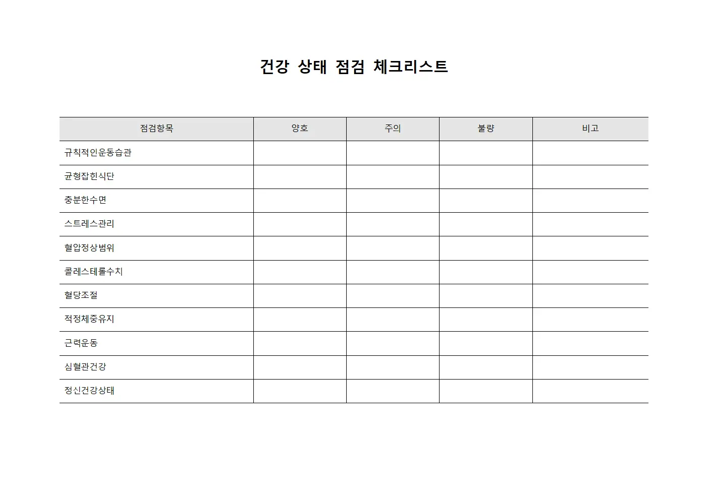 건강 상태 점검 체크리스트 양식파일