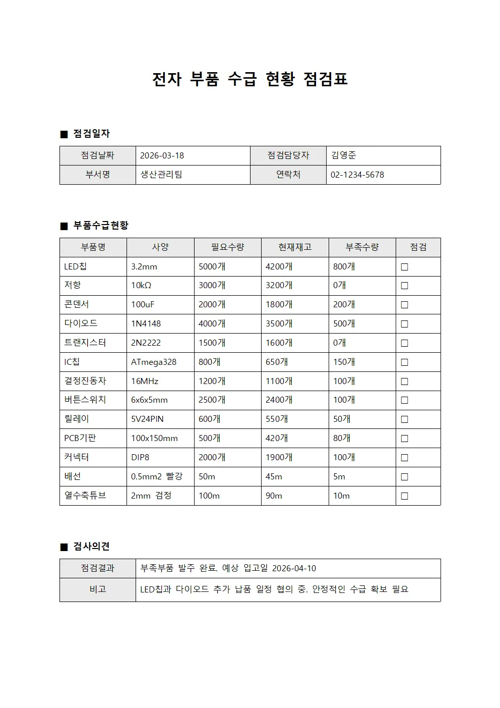 전자 부품 수급 현황 점검표