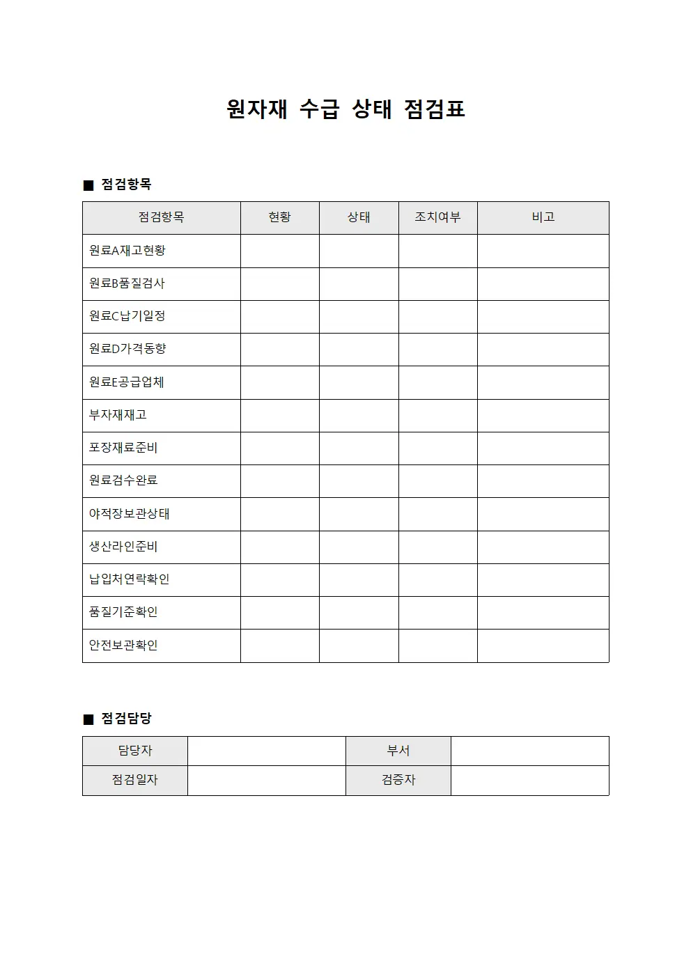 원자재 수급 상태 점검표