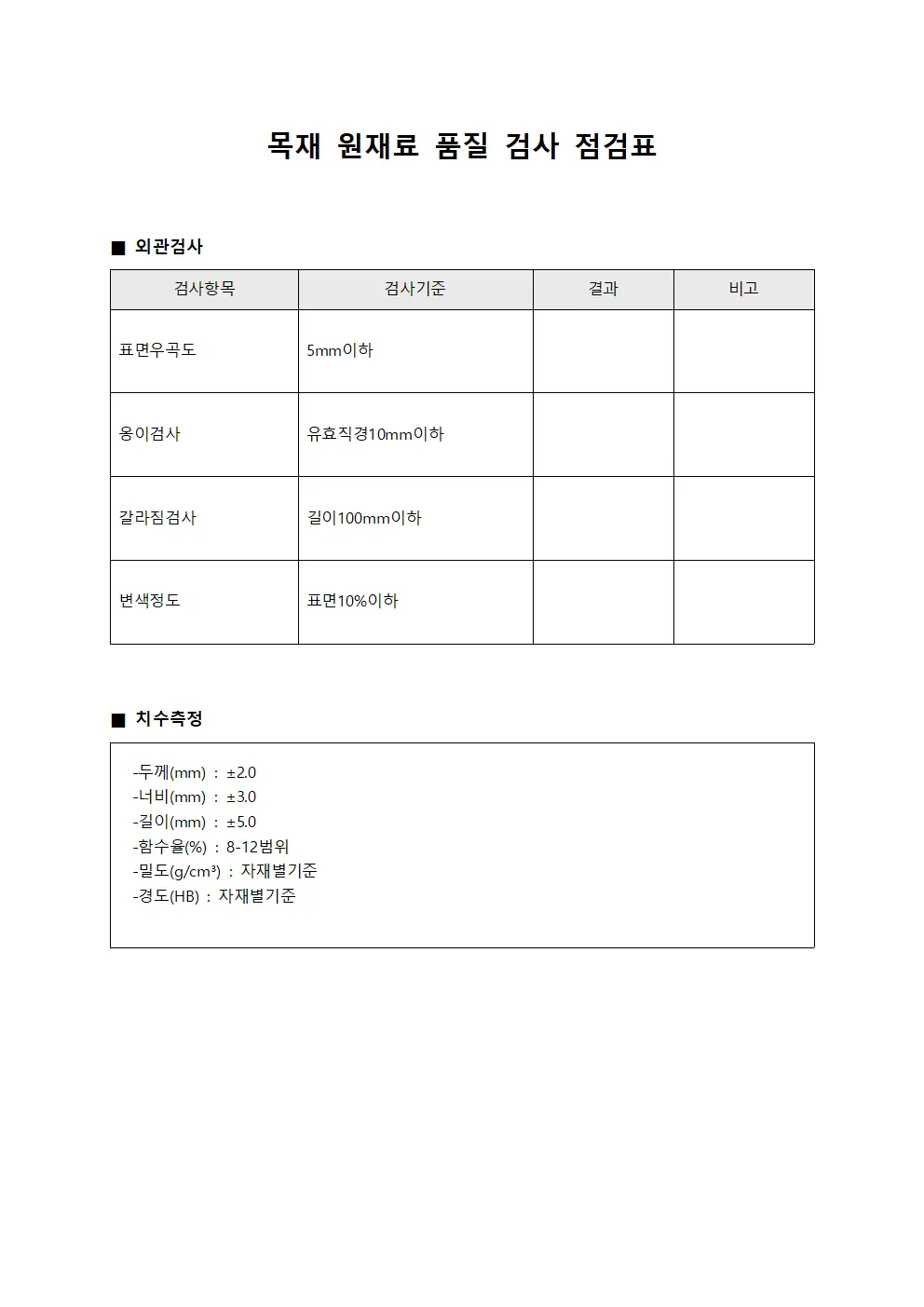 목재 원재료 품질 검사 점검표
