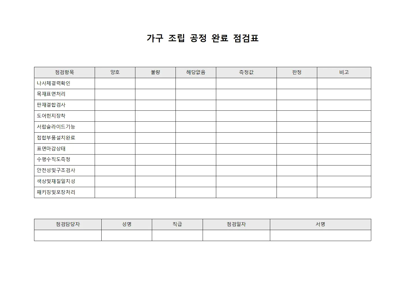 가구 조립 공정 완료 점검표