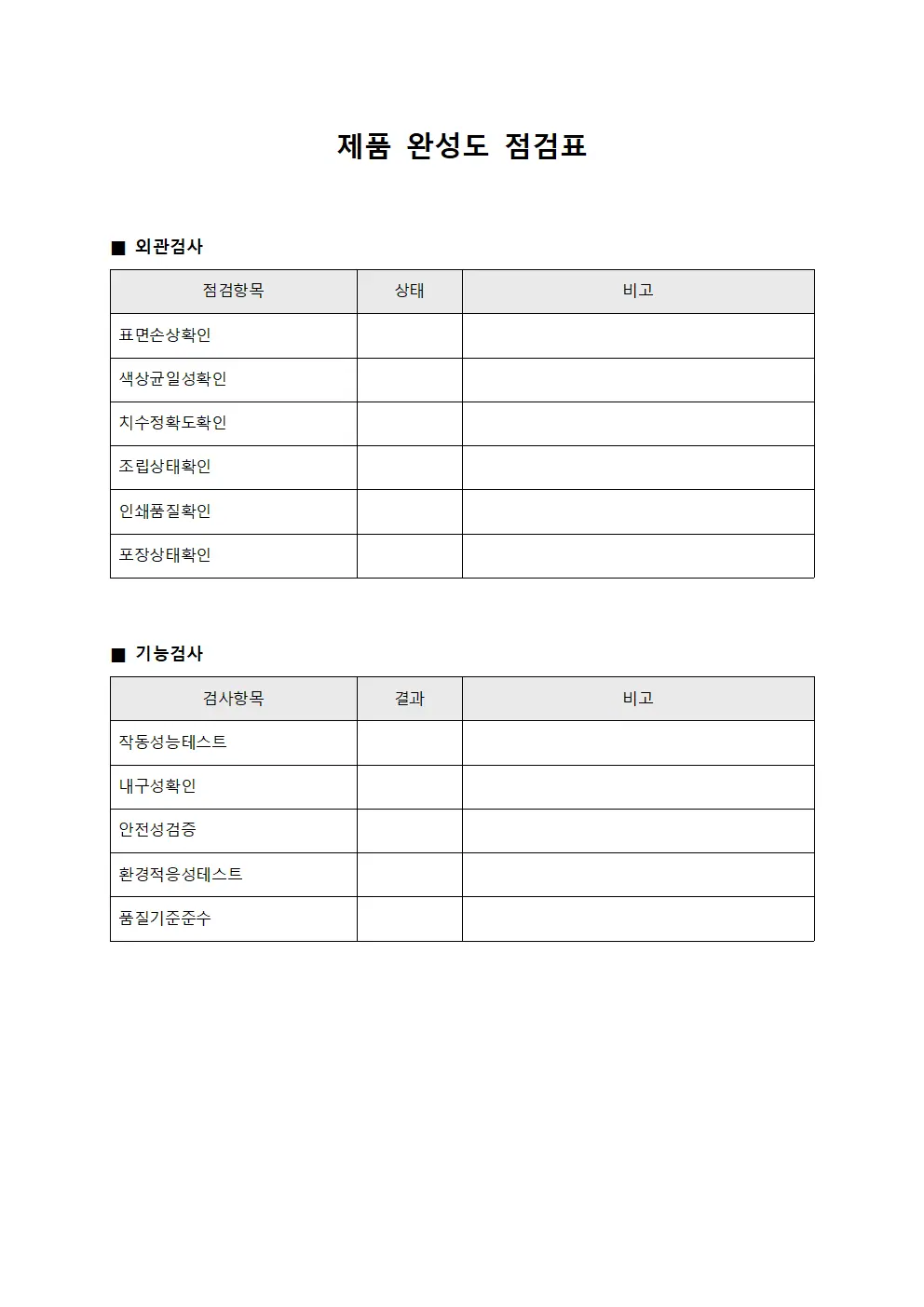 제품 완성도 점검표