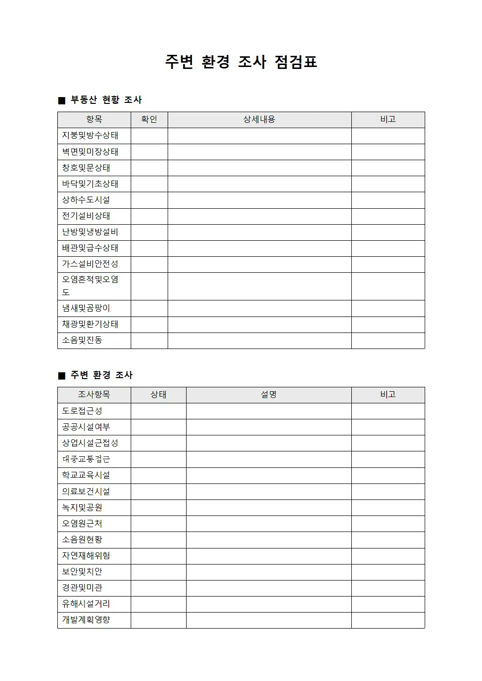 주변 환경 조사 점검표 양식문서