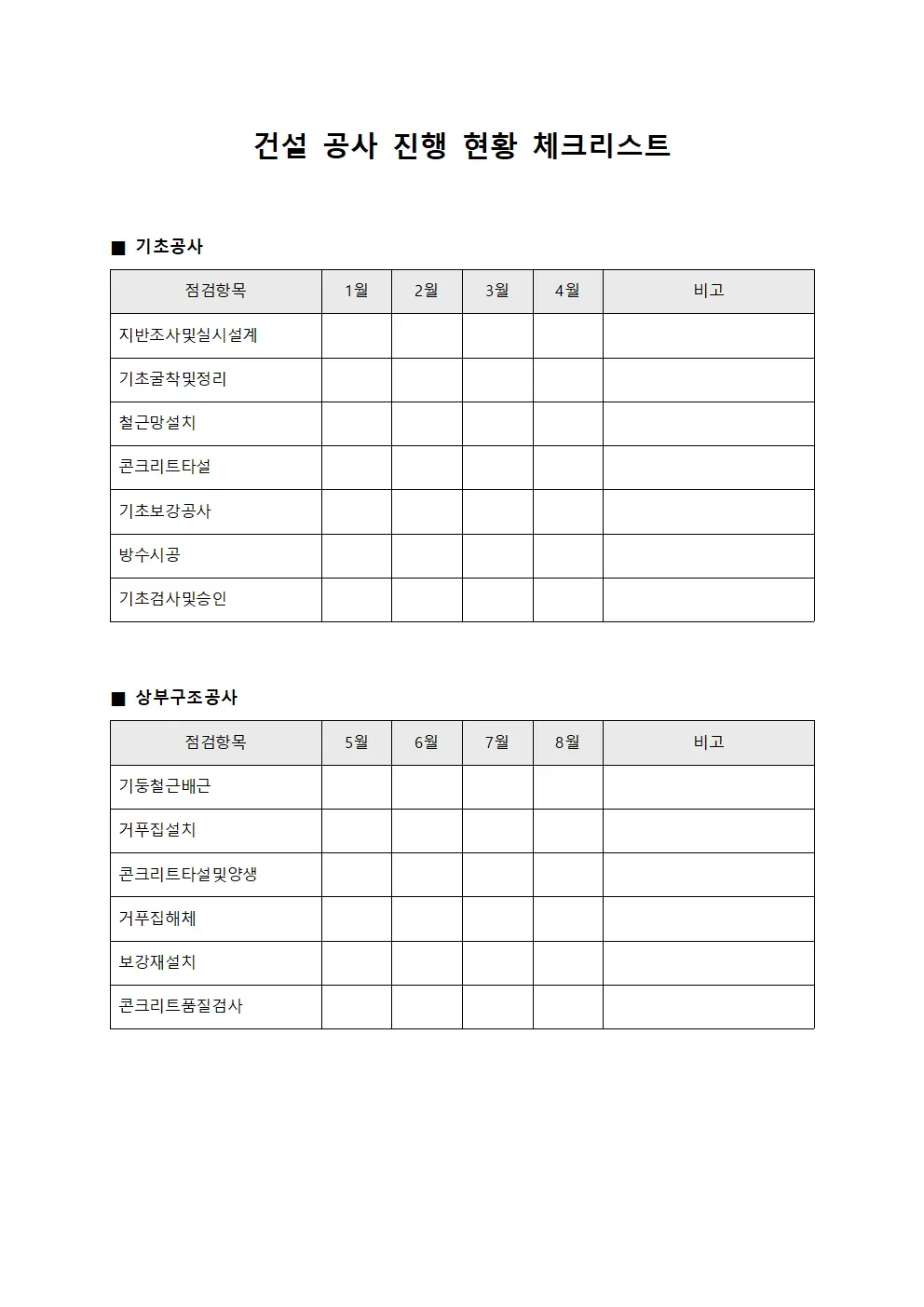 건설 공사 진행 현황 체크리스트