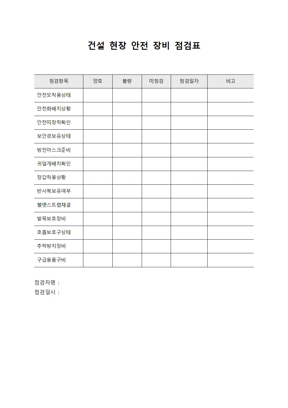 건설 현장 안전 장비 점검표 양식.서식