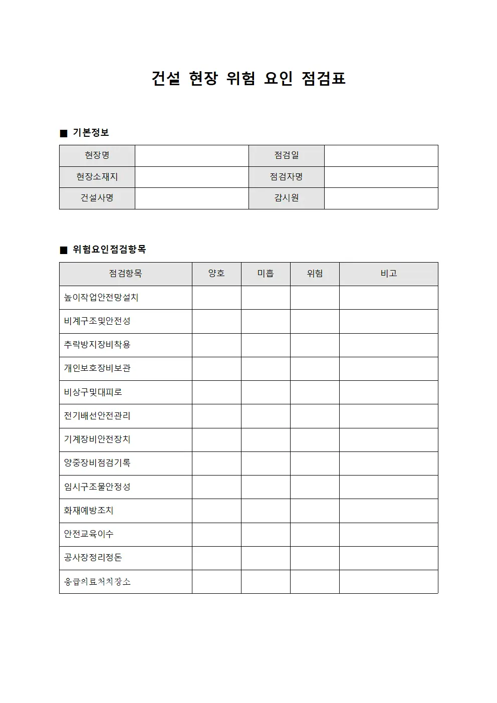 건설 현장 위험 요인 점검표