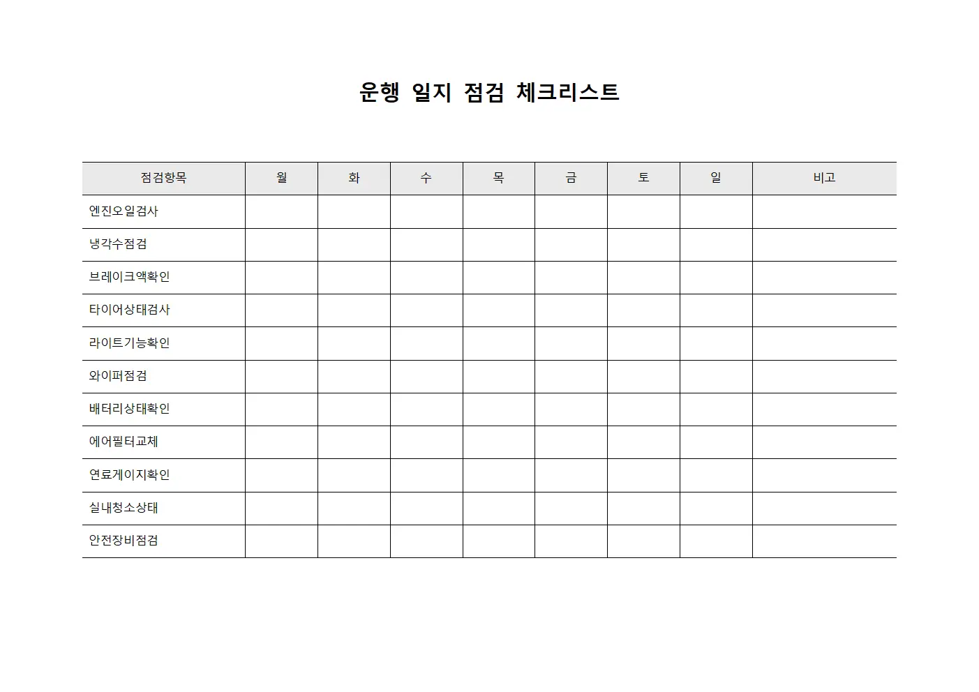 운행 일지 점검 체크리스트 템플릿 양식