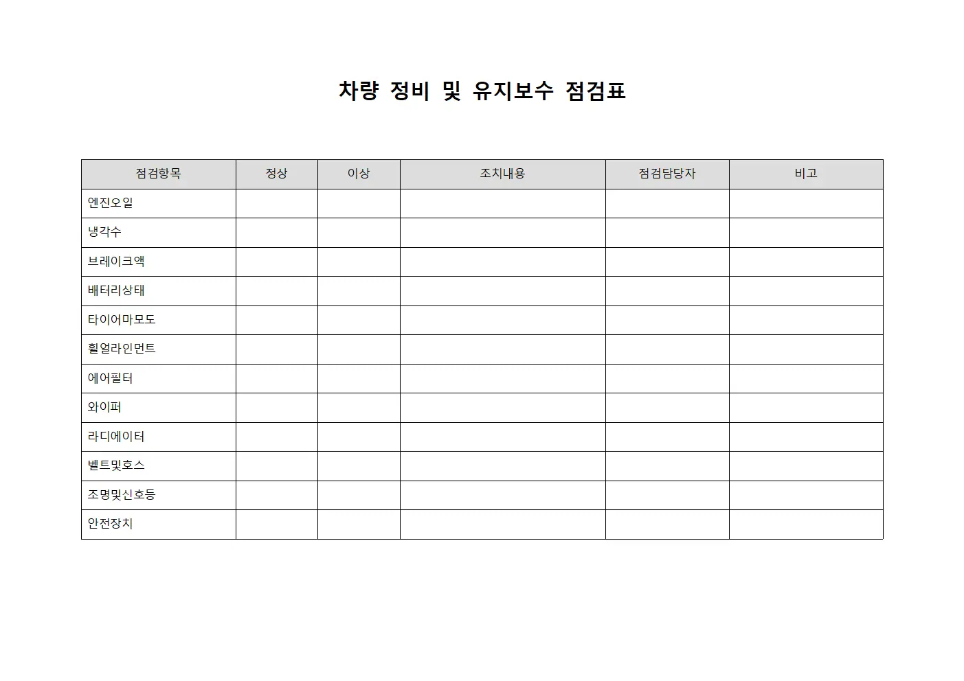 차량 정비 및 유지보수 점검표