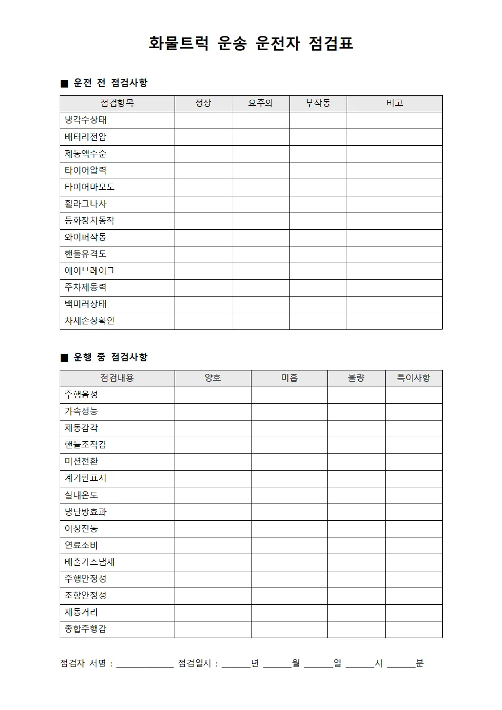 화물트럭 운송 운전자 점검표 템플릿 서식
