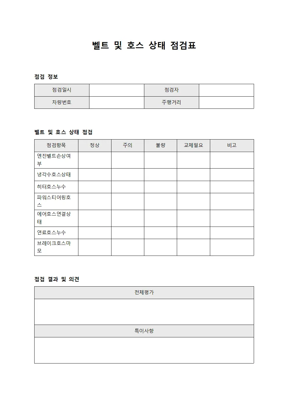 벨트 및 호스 상태 점검표