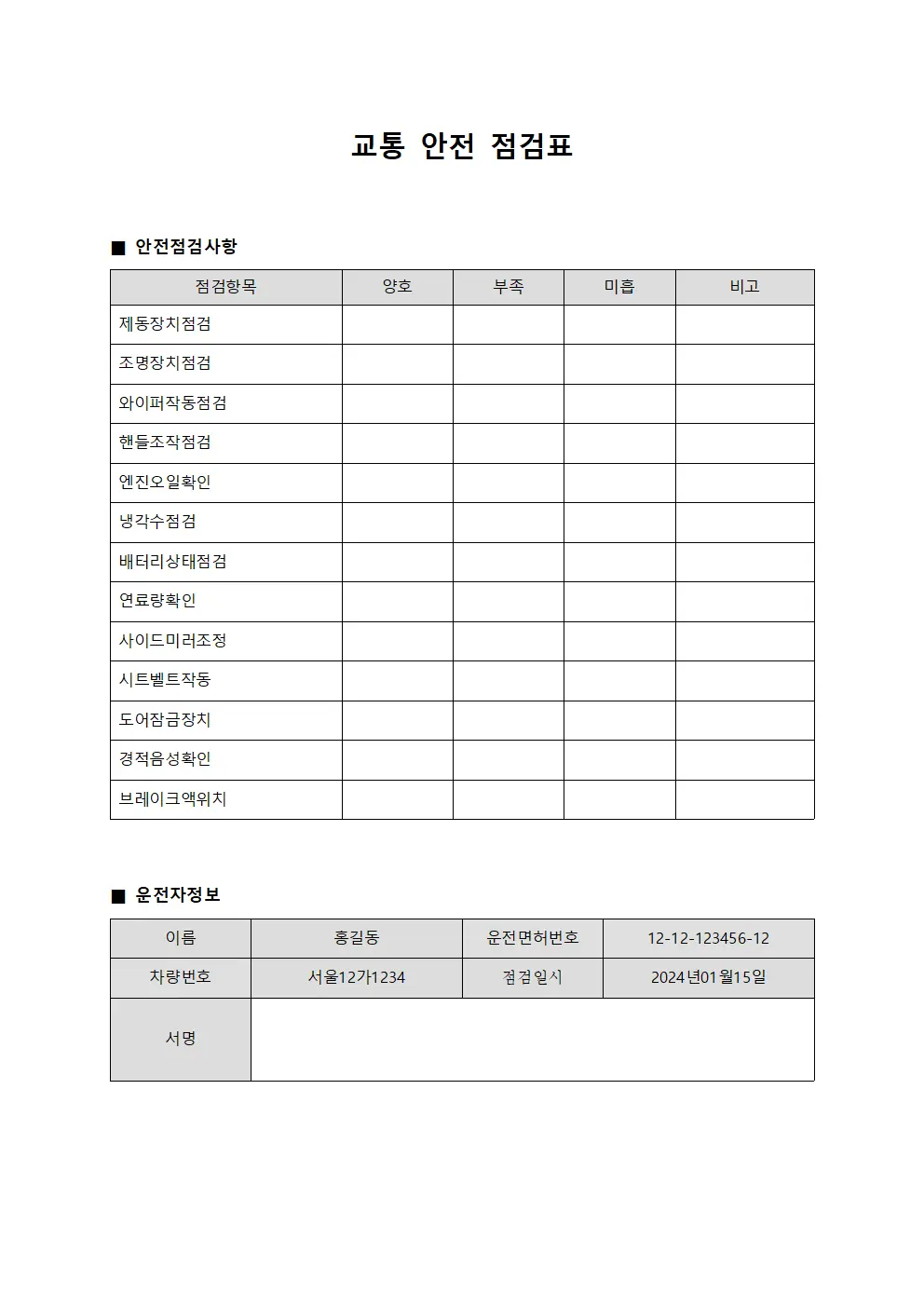 교통 안전 점검표