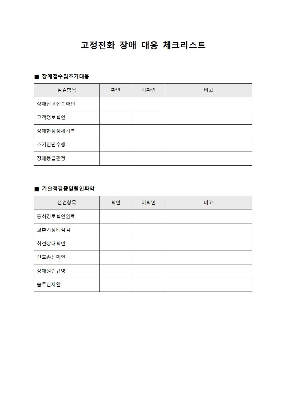 고정전화 장애 대응 체크리스트 템플릿 서식
