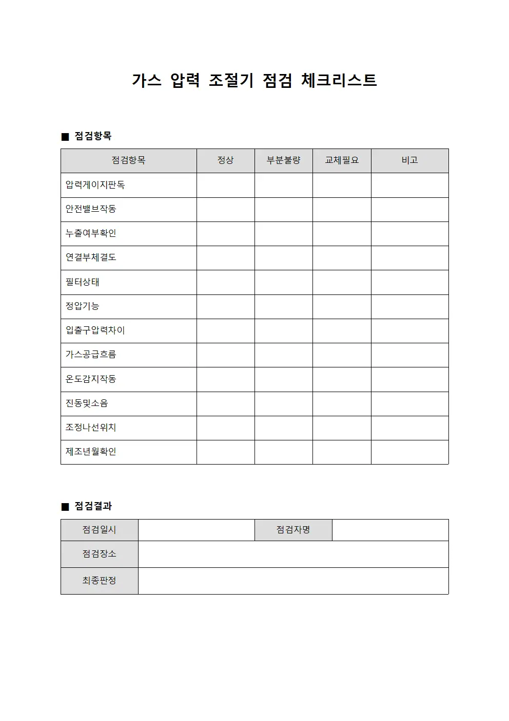 가스 압력 조절기 점검 체크리스트 파일서식