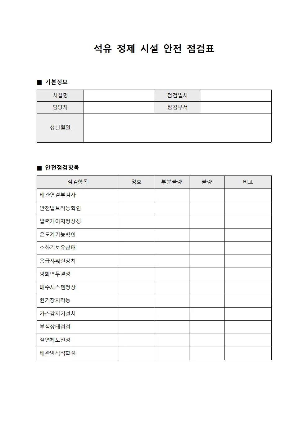석유 정제 시설 안전 점검표