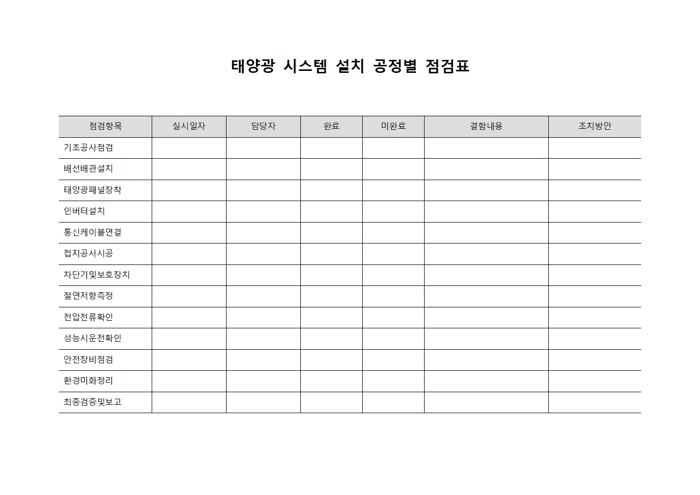 태양광 시스템 설치 공정별 점검표 문서서식