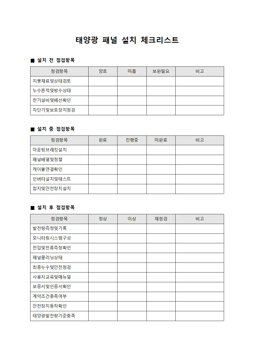 태양광 패널 설치 체크리스트