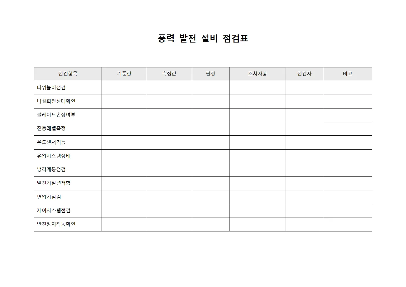 풍력 발전 설비 점검표 양식.서식