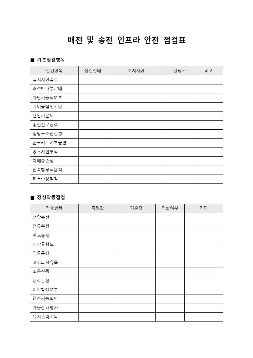 배전 및 송전 인프라 안전 점검표