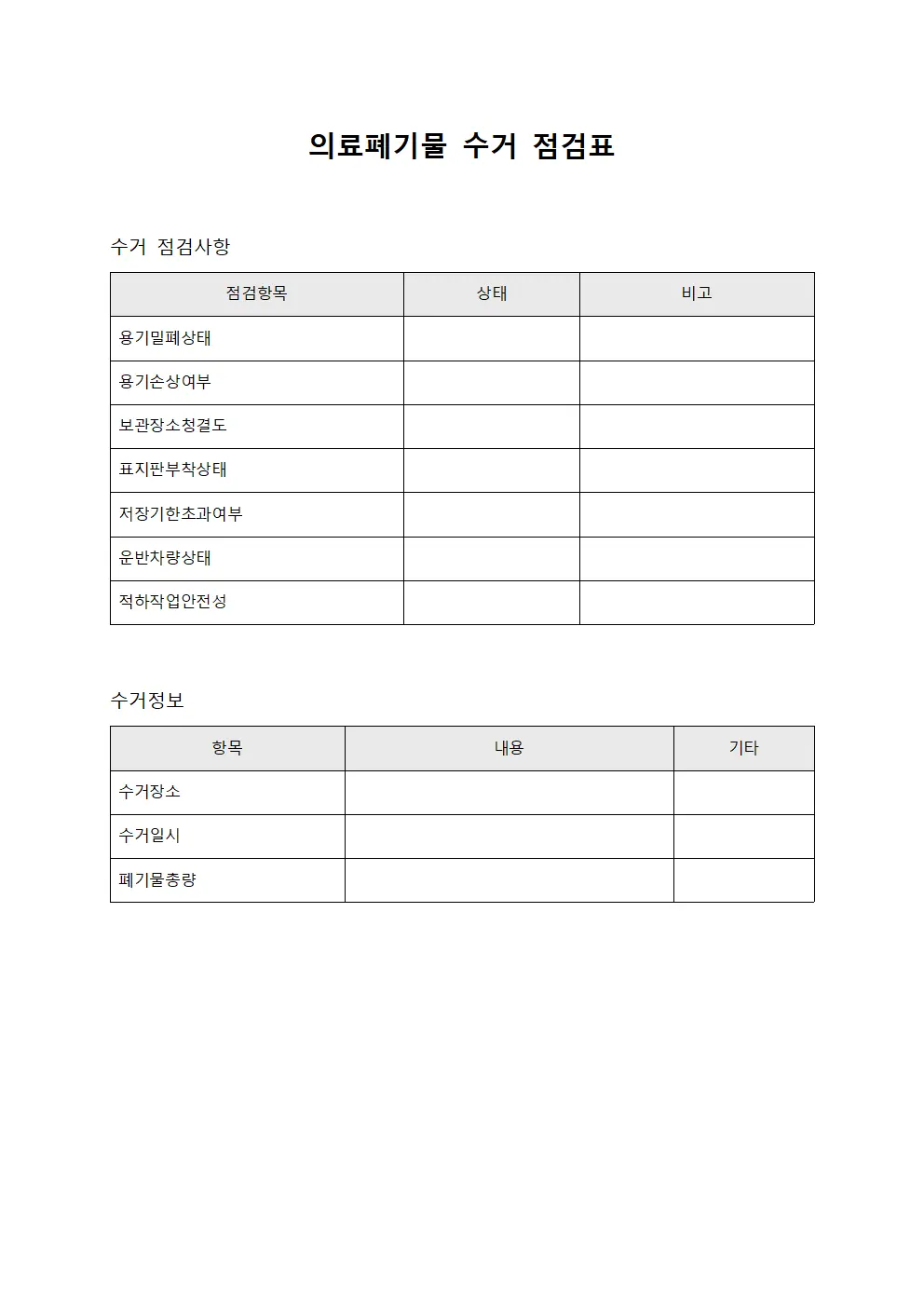 의료폐기물 수거 점검표 서식.양식