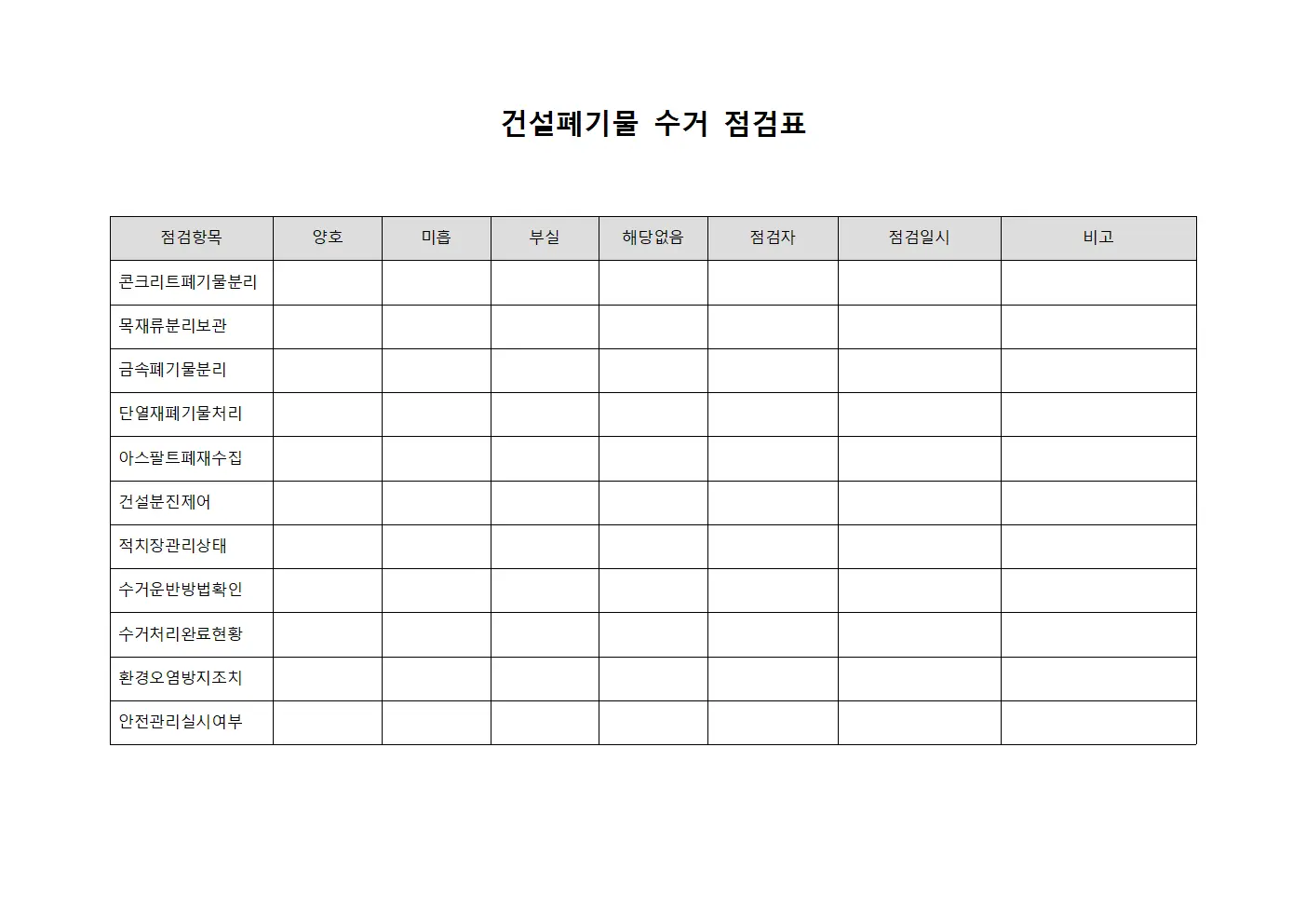 건설폐기물 수거 점검표