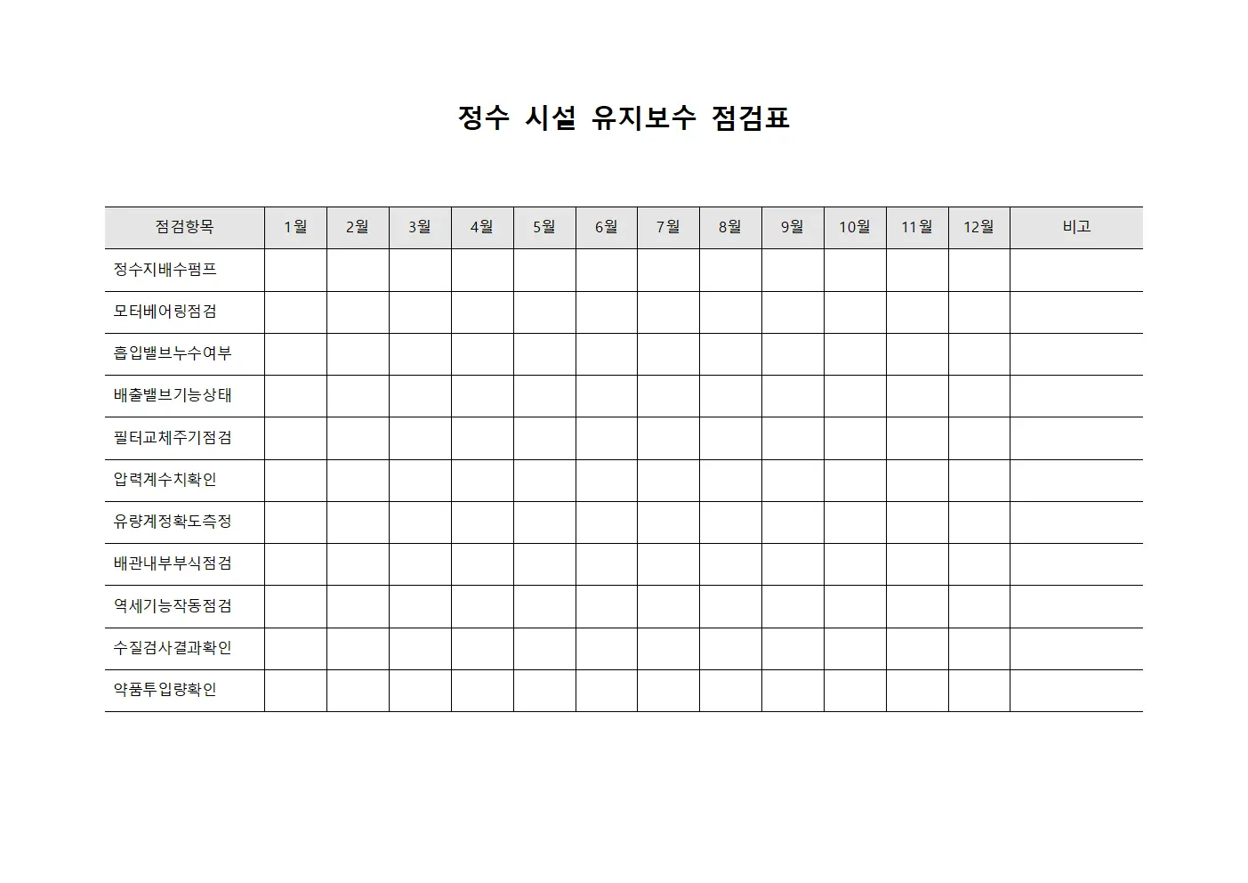 정수 시설 유지보수 점검표