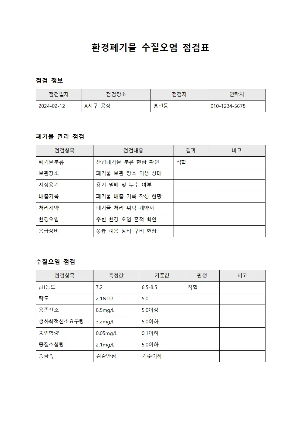 환경폐기물 수질오염 점검표 문서.서식