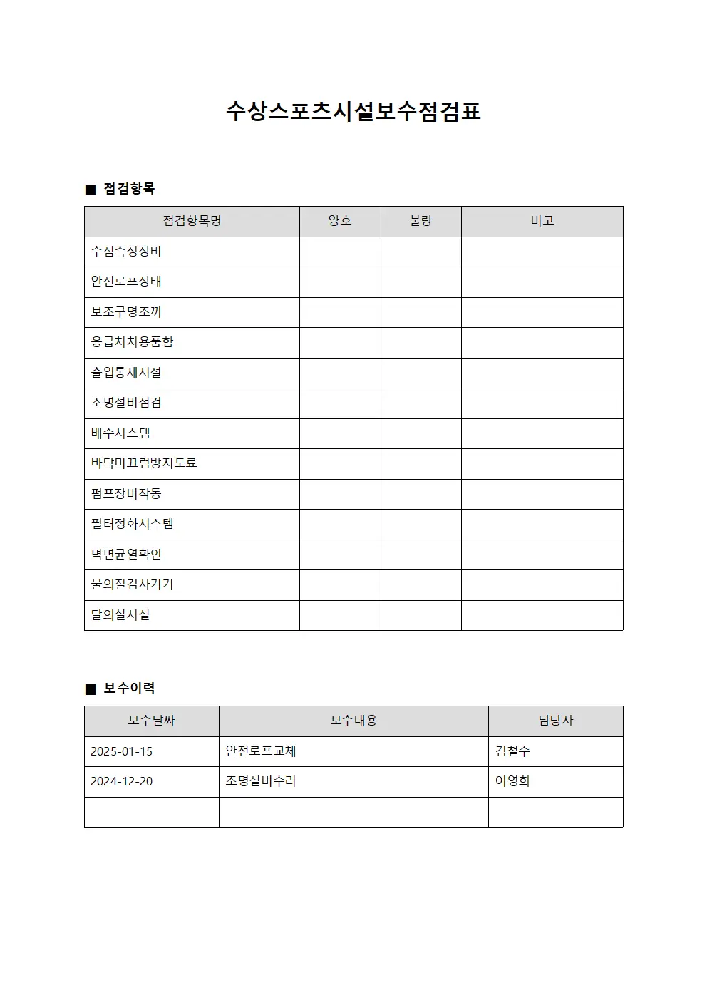 수상스포츠시설보수점검표