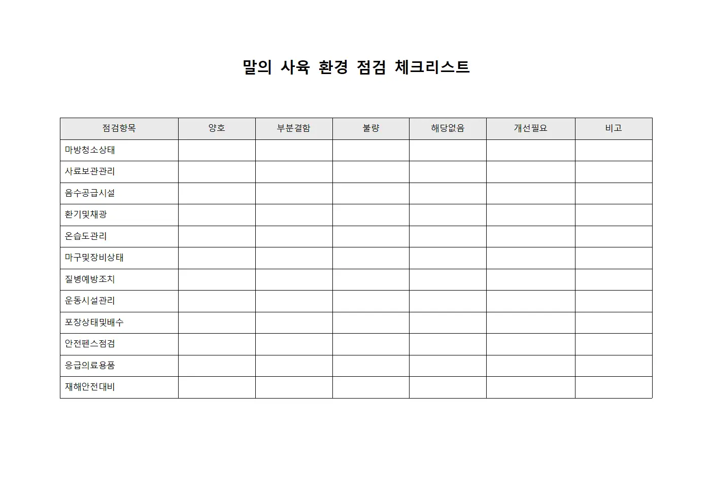 말의 사육 환경 점검 체크리스트 양식파일