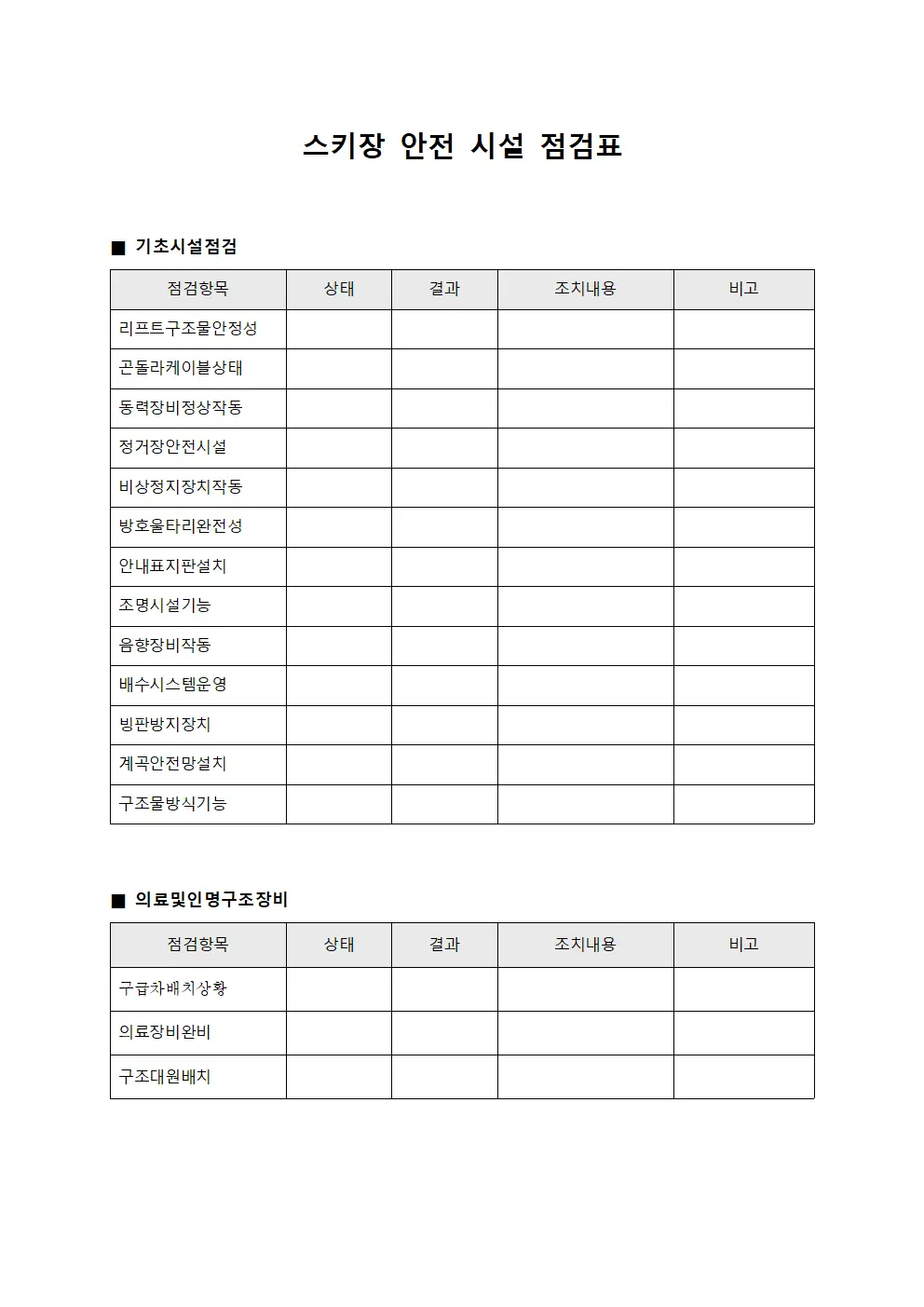 스키장 안전 시설 점검표 양식
