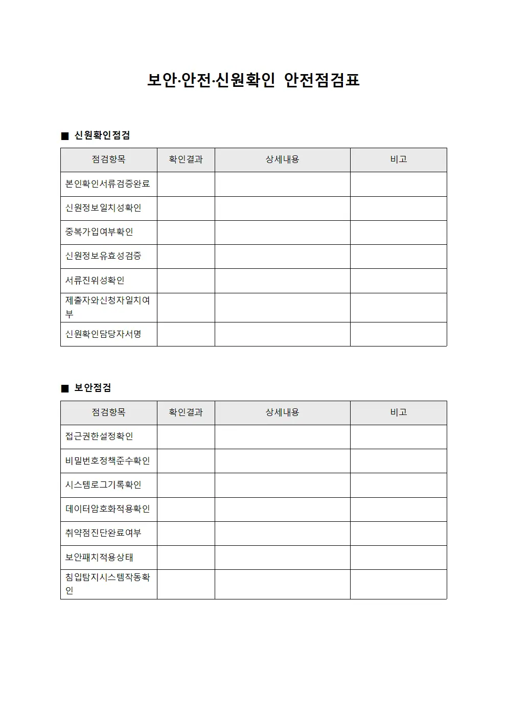 보안 안전 신원확인 안전점검표 문서.양식