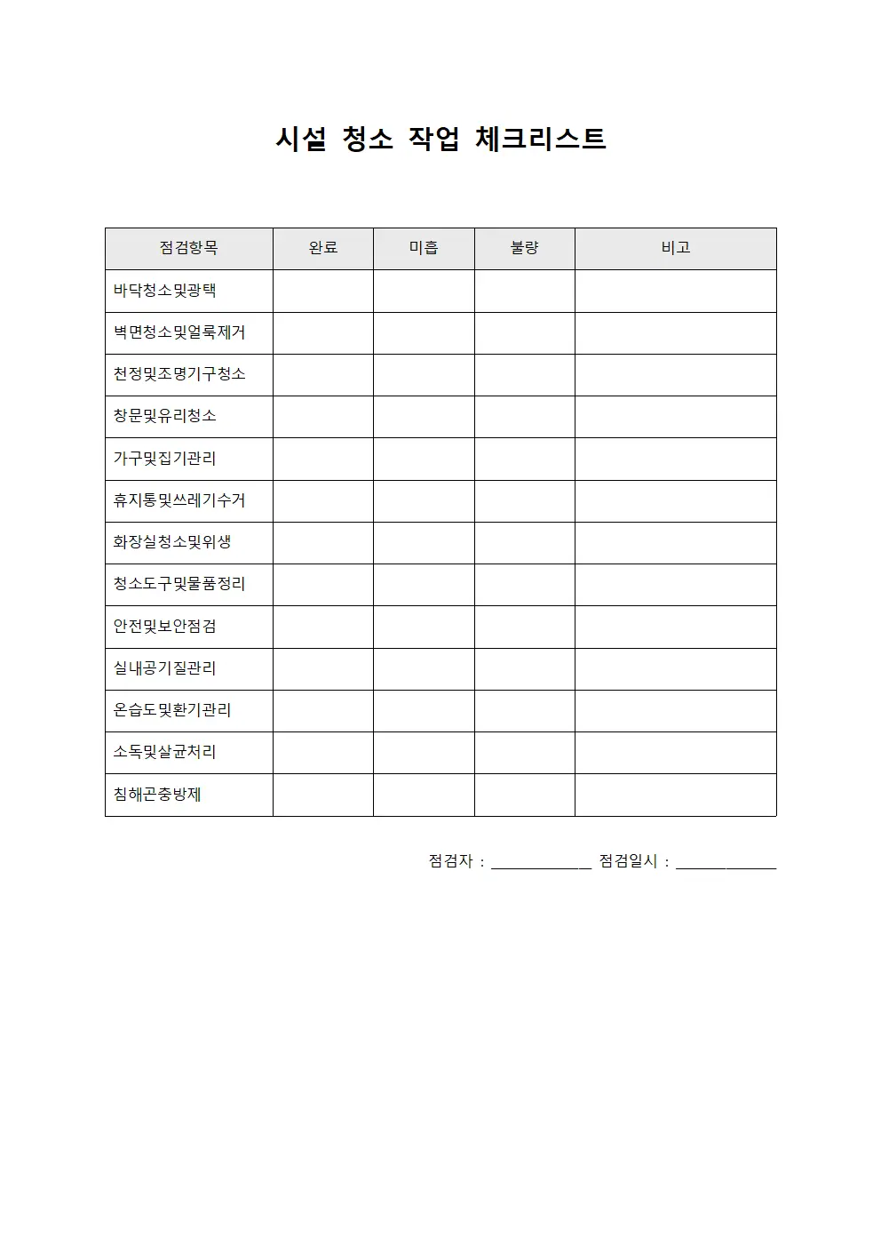 시설 청소 작업 체크리스트