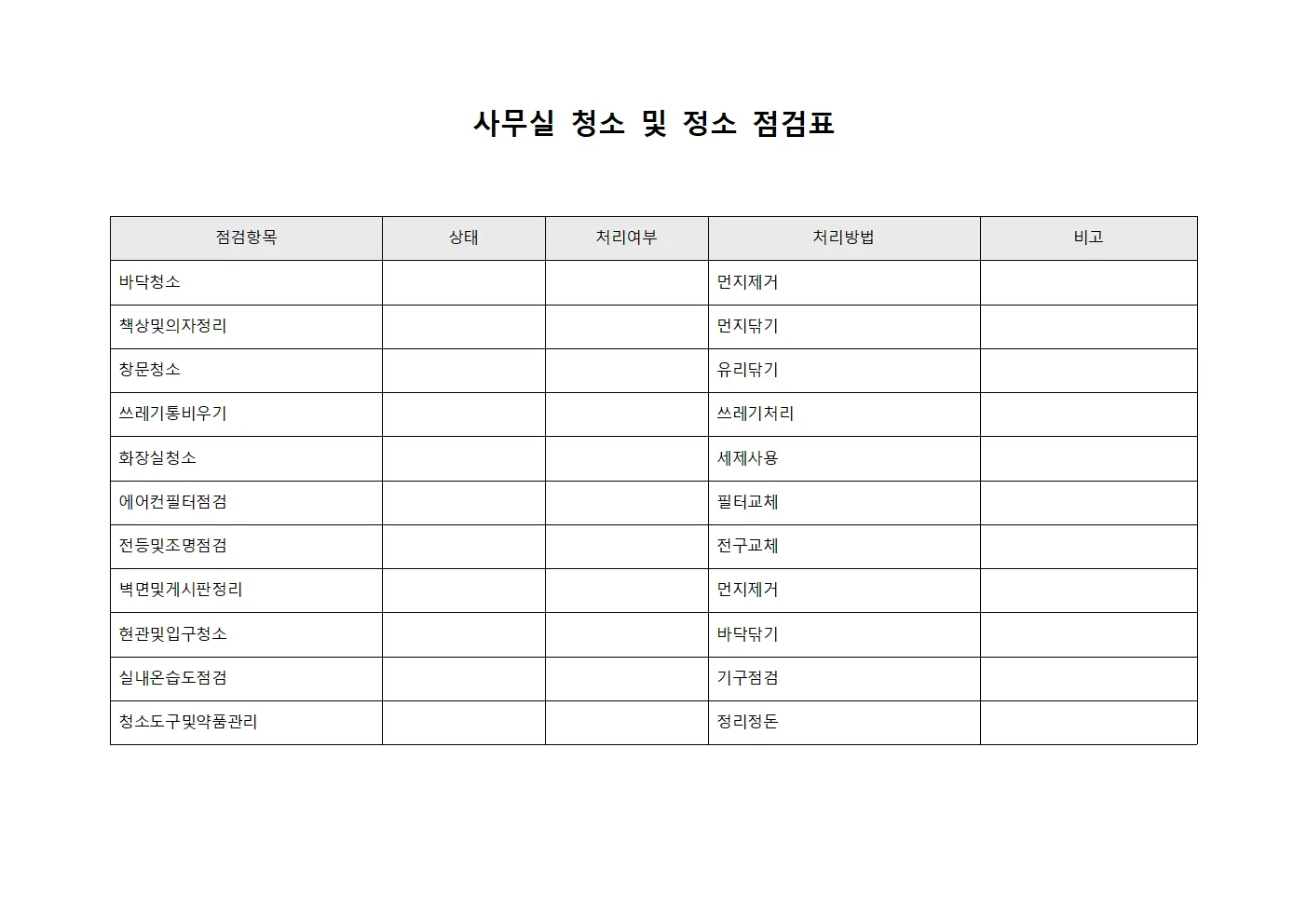 사무실 청소 및 정소 점검표 문서서식