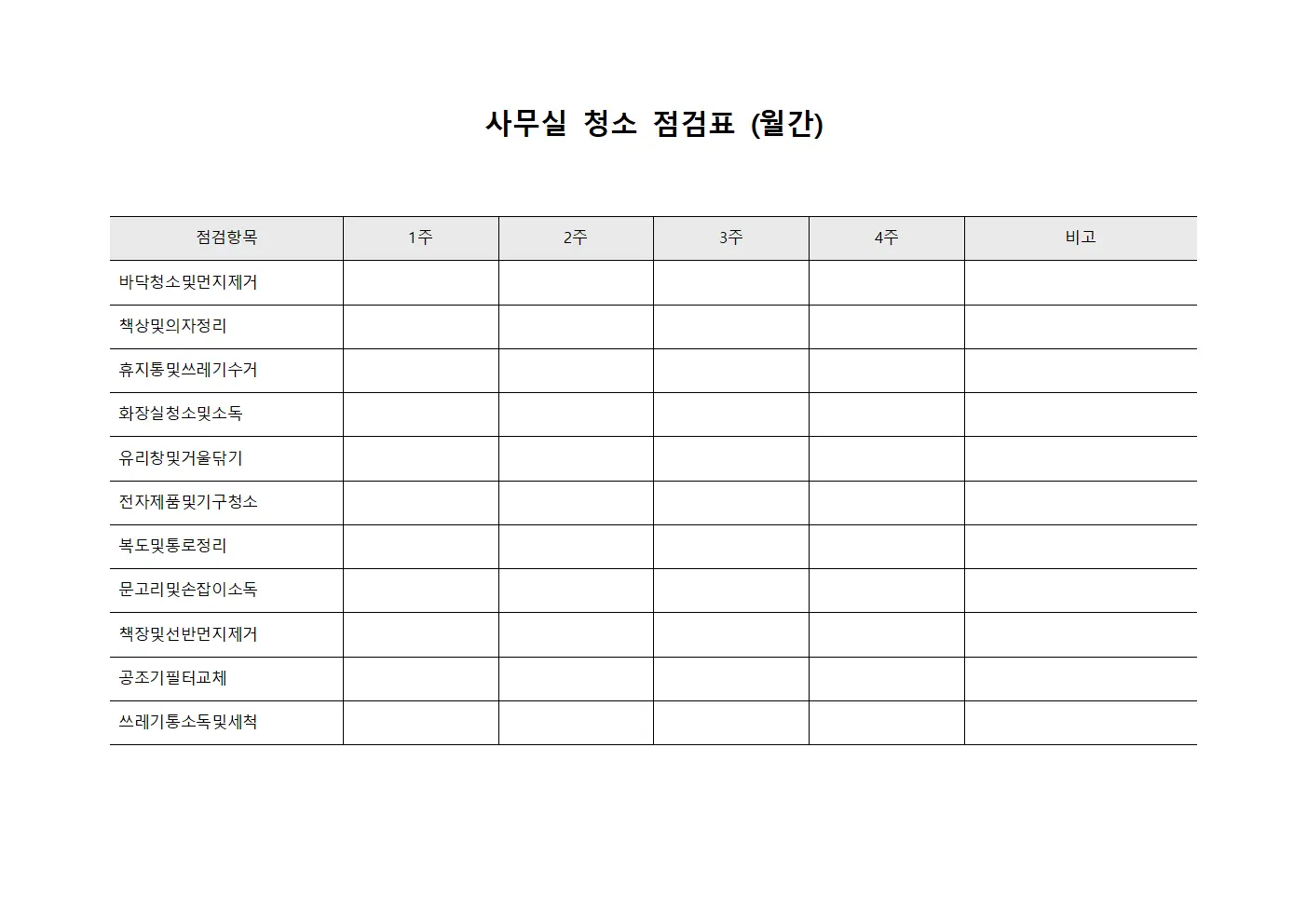 사무실 청소 점검표 (월간)