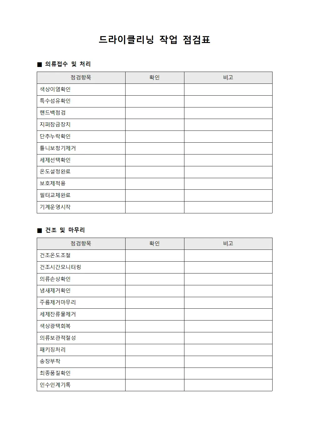 드라이클리닝 작업 점검표 문서서식