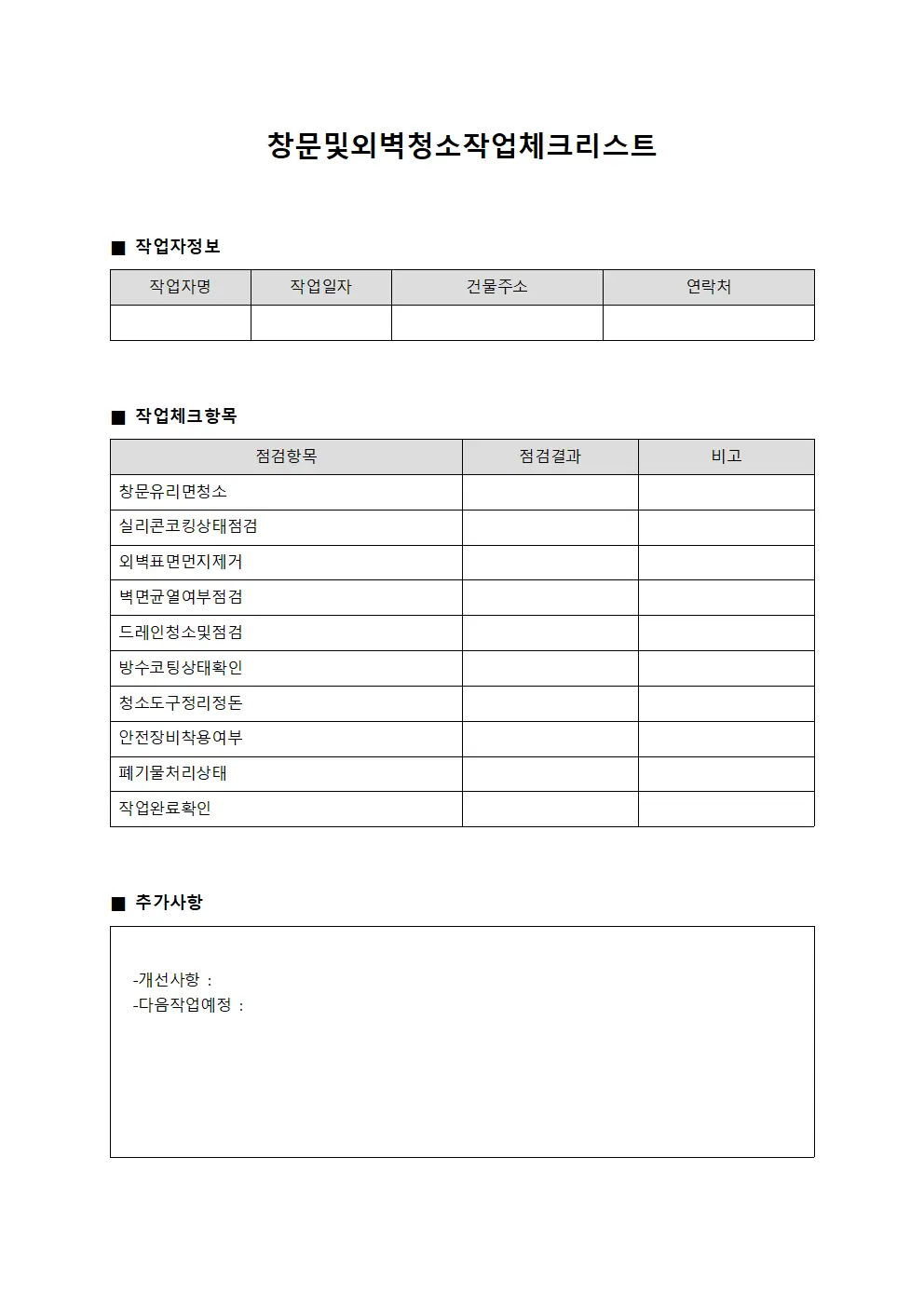 창문 및 외벽 청소 작업 체크리스트 서식.양식