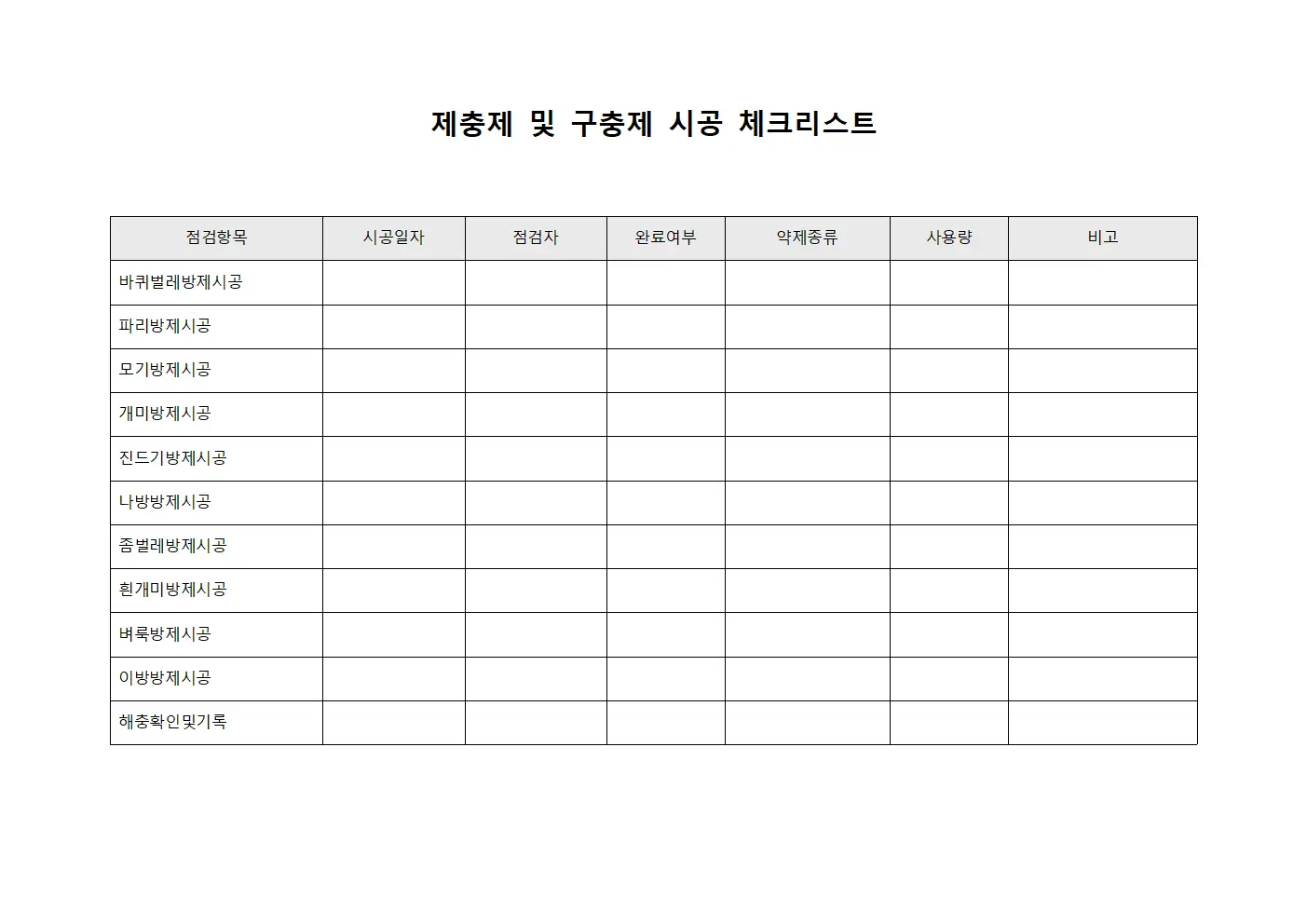 제충제 및 구충제 시공 체크리스트