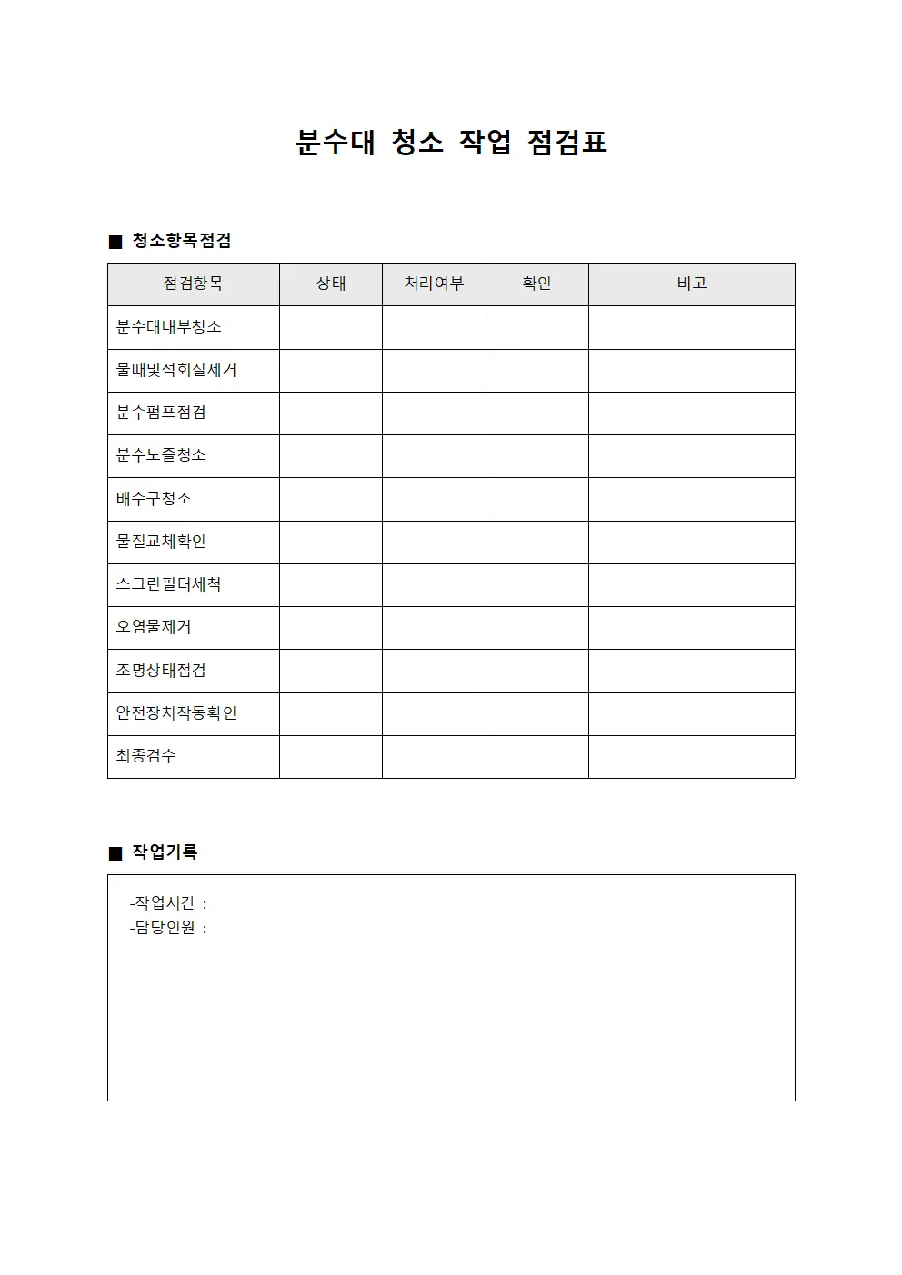 분수대 청소 작업 점검표