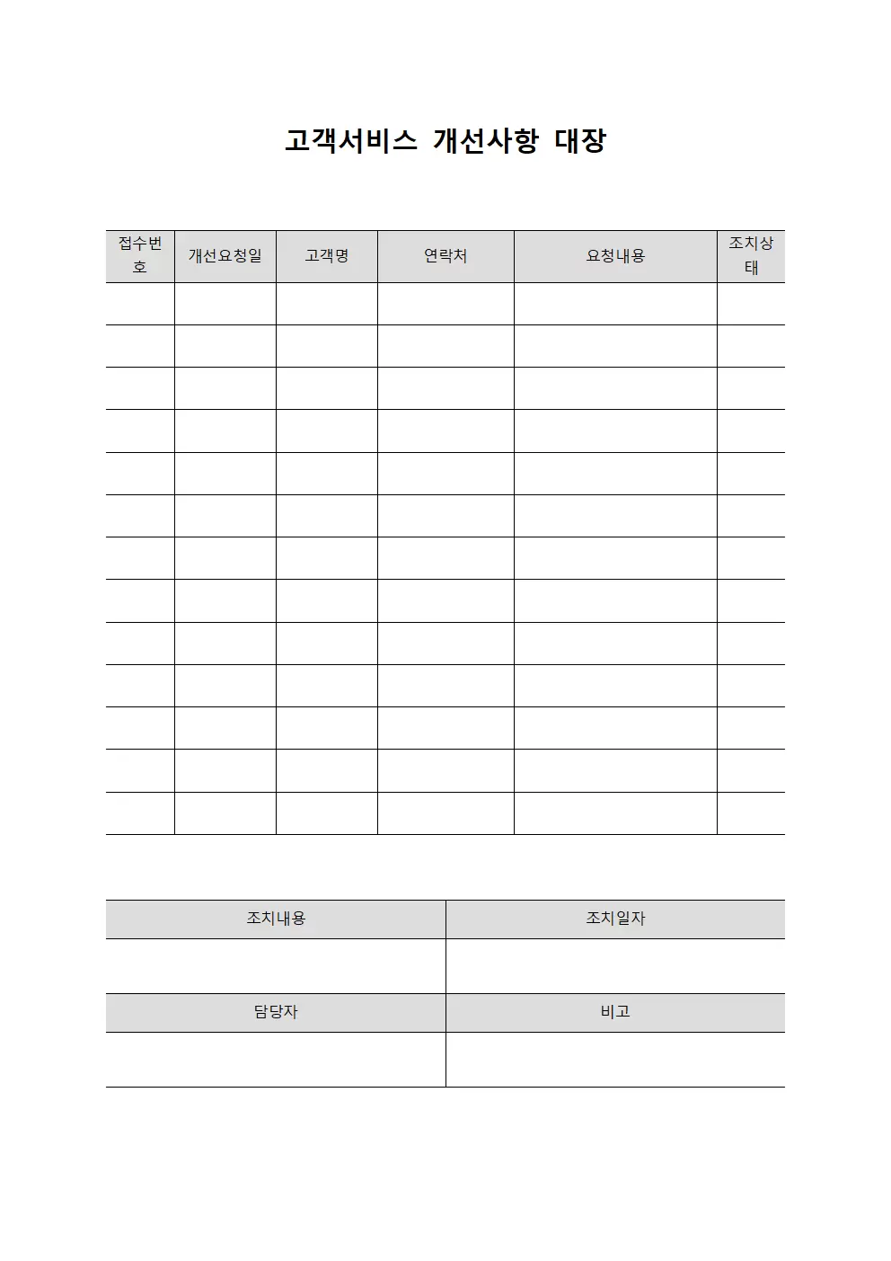 고객서비스 개선사항 대장 템플릿